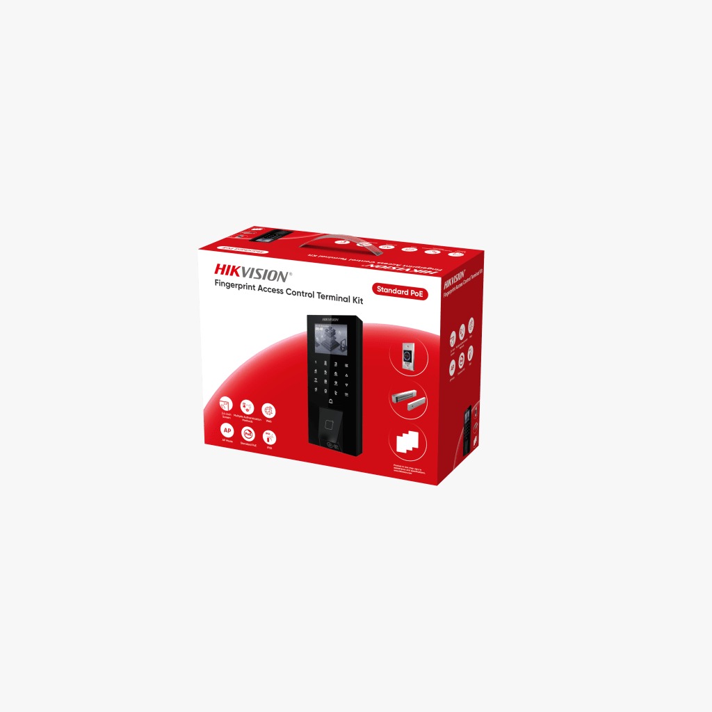 Kit Terminal Control Acceso Biométrico DS-KAS807 / Huella Digital / 2.4" LCD / 5000 Huellas + 5000 Tarjetas / IP65 / Wi-Fi + PoE / Cerradura Magnética 272 kg / Botón Touchless